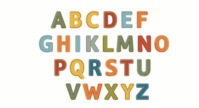 Multi-colored alphabet letters arranged in rows on a white background