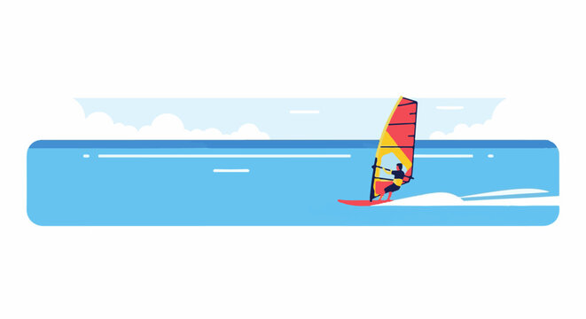 Person windsurfing on a bright blue ocean with a colorful sail