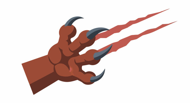 Red clawed paw with sharp nails leaving scratch marks