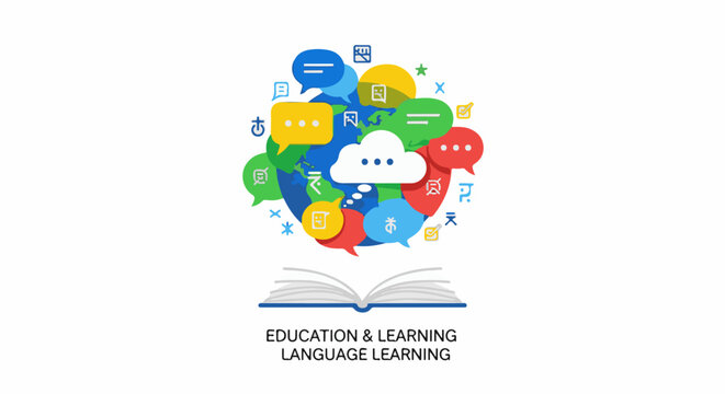 Open book with globe and speech bubbles representing global language learning
