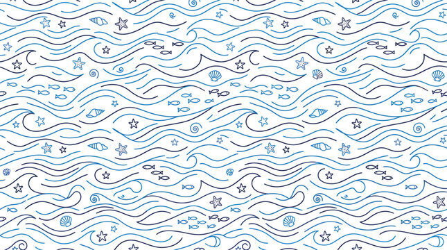 Seamless ocean pattern with hand drawn waves fish seashells and starfish for nautical textile design vector illustration
