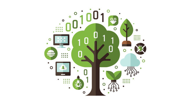 Sustainable Digital Technology and Green Computing Concept with Binary Code Tree, Cloud Circuitry, and Eco-Friendly Innovation Icons on White Background