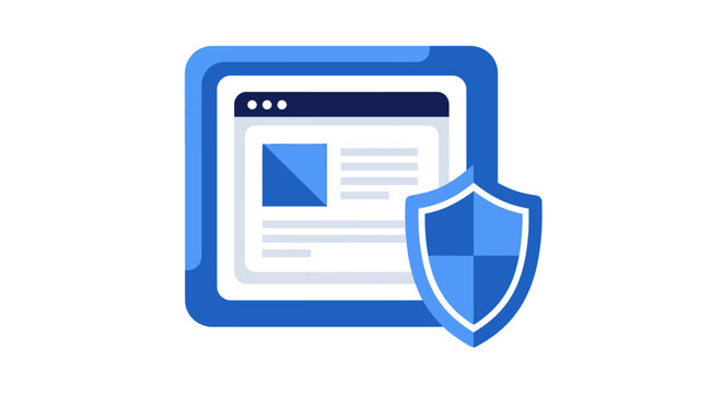 Web Security and Data Protection Icon with Browser Window and Shield, Internet Safety Concept, Flat Vector Illustration for Cyber Security and Secure Browsing on White Background