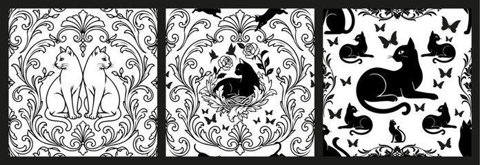 Black Cat Damask Seamless Pattern Set, Elegant Baroque Gothic Floral. A set of three seamless black and white vector patterns featuring elegant black and white cats. © LaInspiratriz