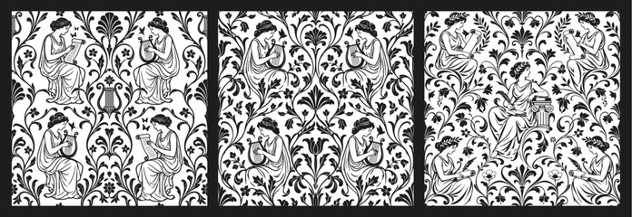 Ancient Greek Muses Seamless Pattern Set, Classical Art Nouveau Wallpaper.  © LaInspiratriz