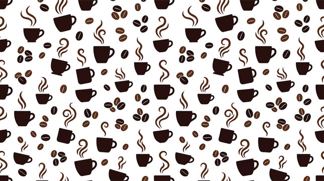 Seamless pattern with coffee cups and roasted beans on white background for cafe menu or packaging design