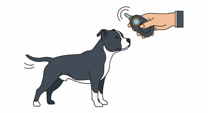 Hand holding remote control, dog looking up attentively