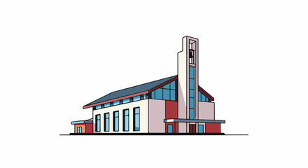 Fototapeta premium Modern church with bell tower and glass windows on white background