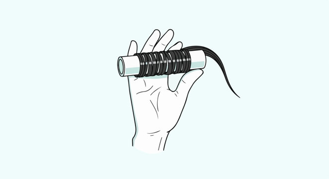 Hand holding a pipe wrapped with black cord and a flicking tail