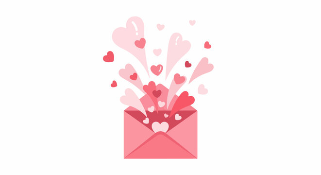 Pink envelope bursting with pink and red hearts and streamers