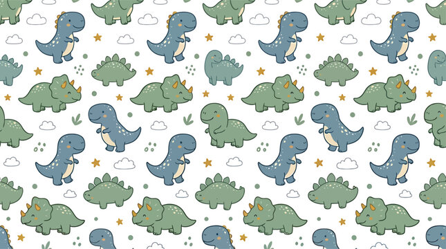 Seamless pattern with cute cartoon dinosaurs, stars and clouds for children textile design and nursery wallpaper