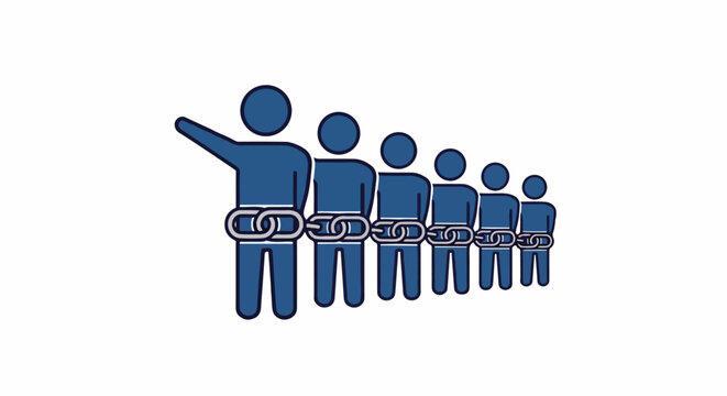 Group of blue figures linked by chains with one figure raising an arm