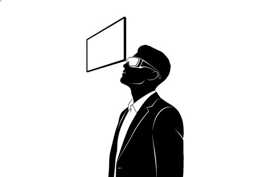 Man Gazing at Screen: A stylish man in a suit and cap looks up at a blank screen, an enigmatic expression on his face, suggesting anticipation or contemplation.