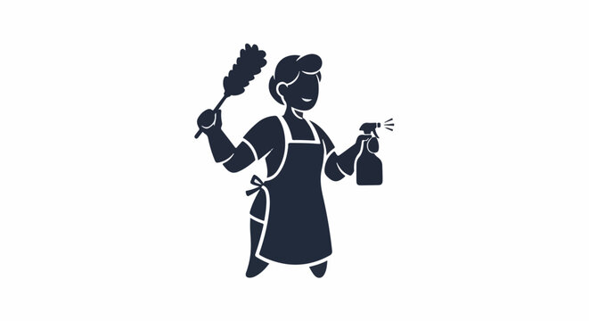 Person in apron holding duster and spray bottle, ready to clean