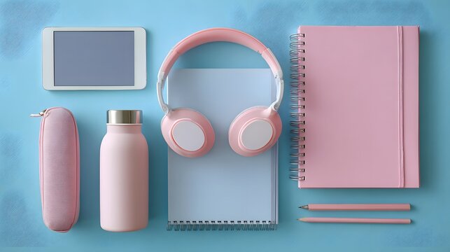 Stylish pink back-to-school supplies flat lay with tablet and headphones