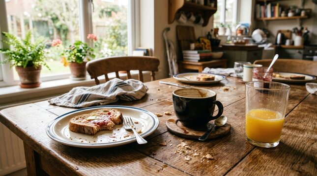 Sisa sarapan pagi di atas meja kayu dengan kopi, jus jeruk, dan roti panggang di dapur rumah yang nyaman dengan pemandangan jendela.
