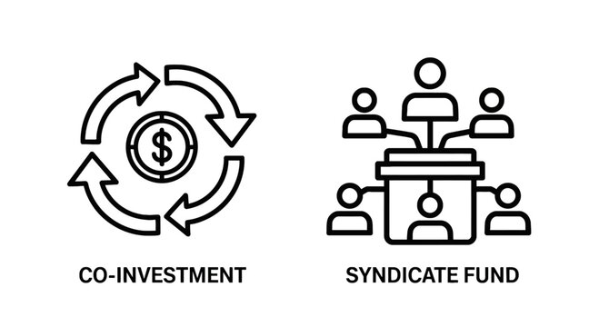 Illustration of co-investment and syndicate fund concepts with icons co investment joint venture pooling resources shared investment group investment