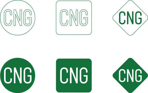 CNG, icons set, green gas fuel symbols collection with different shapes for alternative energy clean transport and sustainability themed graphics.