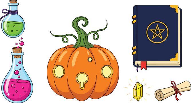 Halloween Magic Vector Illustration Set with Carved Pumpkin Magic Potion Bottles Grimoire Book Crystal and Ancient Scroll Symbols