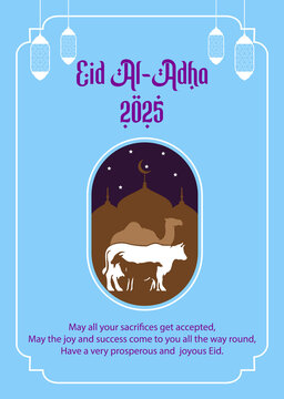 Eid Al-Adha 2025 Greeting Card Template with Mosque, Camel and Cow Silhouette, Islamic Festival Vector Illustration