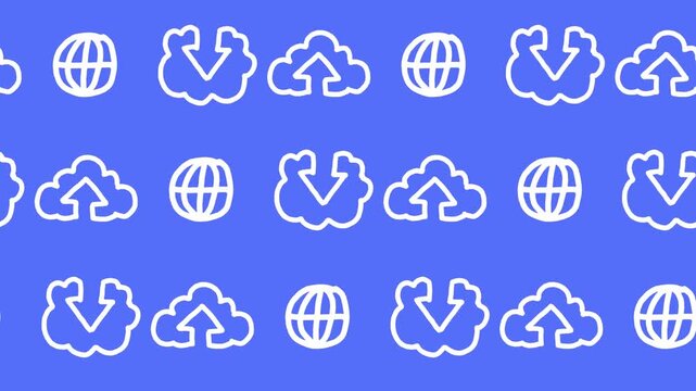 Seamless pattern of hand-drawn cloud download, cloud upload, and global network globe icons on a blue background animation. Cloud computing wallpaper and network data transfer line art illustration.