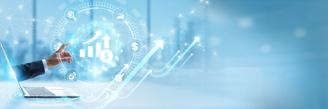 Businessman touching virtual interface with Increase Sales and commercial revenue growth networking. E-commerce conversion optimization, b2b lead generation pipeline metrics