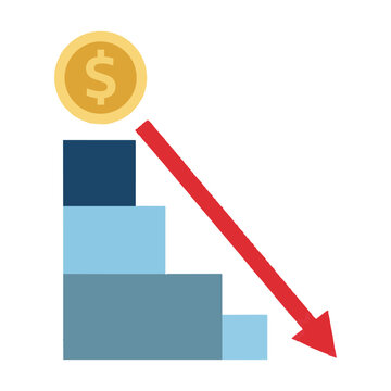 Minimalist icon of a currency symbol and stacked boxes with a downward trend line representing economic decline and financial loss business concept