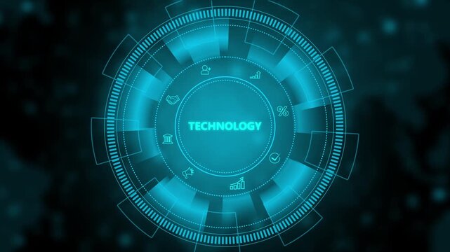 Futuristic technology network concept with glowing blue digital lines connecting multiple business and innovation icons.Motion graphics of technology icon interface background
