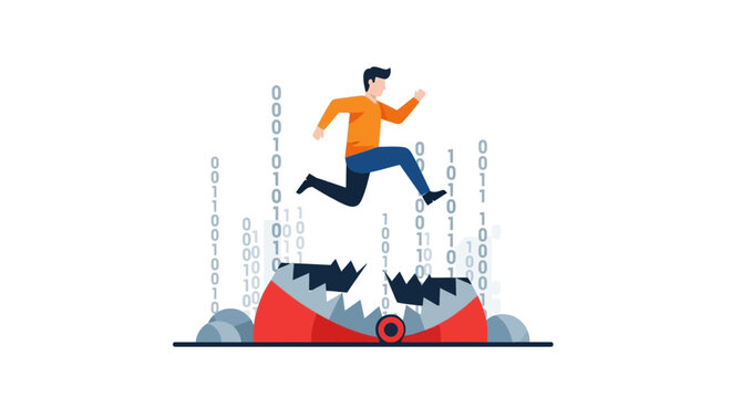 Cyber Security Risk Management Concept with Man Jumping Over Digital Trap and Binary Code Data Stream