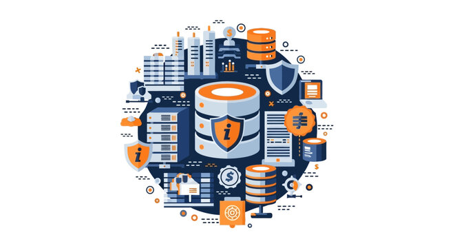 Data Security and Cloud Storage Flat Vector Illustration with Servers, Shields, and Big Data Management Icons