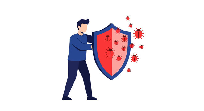 Cybersecurity and Antivirus Protection Concept: IT Professional Using a Shield to Block Malware Bugs and Software Errors on White Background