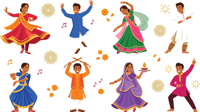 Indian Folk Dance Vector Illustration Set with Characters Dancing Garba and Dandiya Raas in Traditional Outfits for Festive Designs