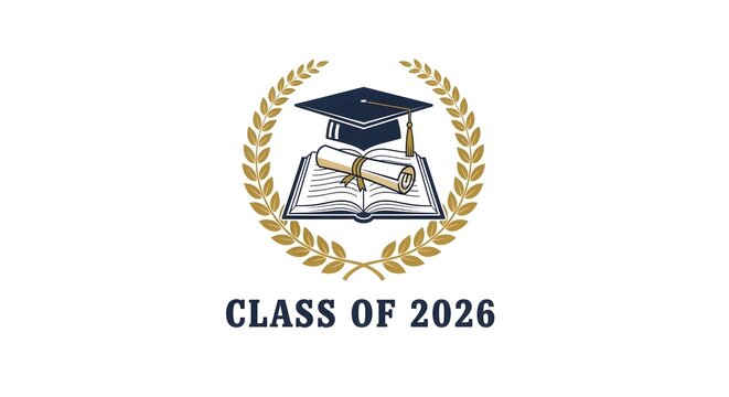 Class of 2026 graduation emblem with mortarboard cap on open book and diploma scroll isolated on white background