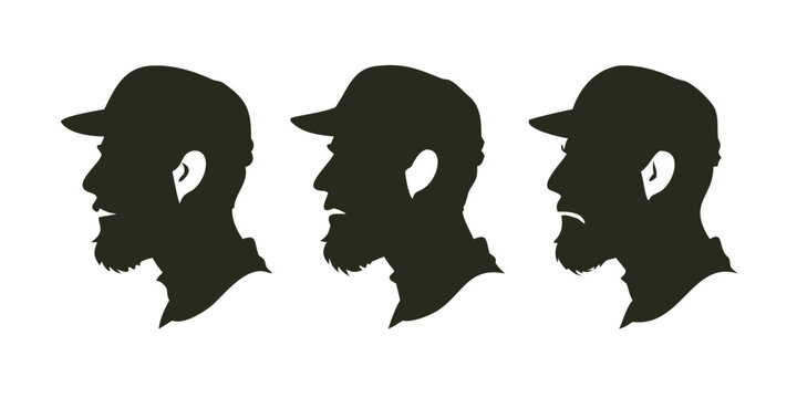 Three profile silhouettes of handsome bearded man wearing flat cap and peaked cap. vector
