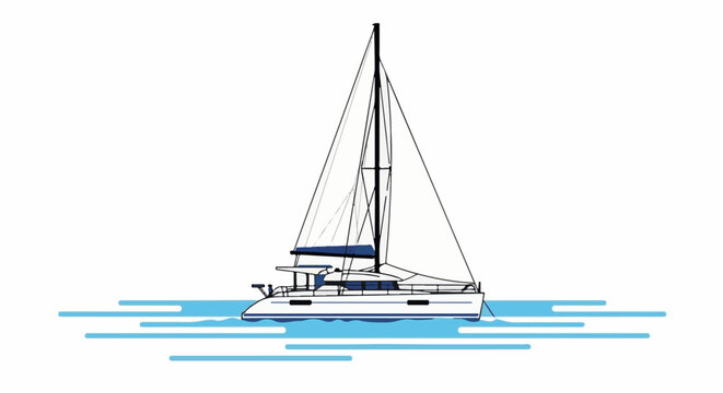 Minimalist illustration of a white catamaran sailboat on blue stylized waves