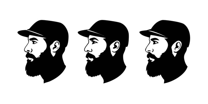 Three profile silhouettes of handsome bearded man wearing flat cap and peaked cap. vector
