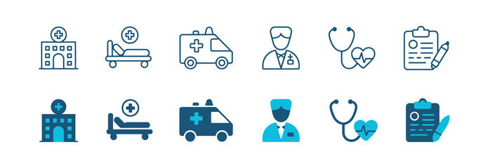 Fototapeta premium Set of medical and healthcare outline icons for hospital services and clinical care