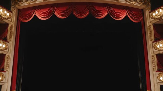 Grand Theater Stage with Ornate Red Velvet Curtains and Gold Proscenium Arch ideal for performing arts presentations.