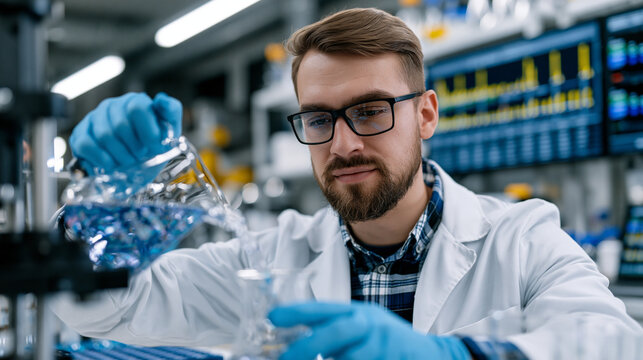 Bioplastic compound formulation scientist pouring bio resin mixture into mold press while reviewing biodegradability test data on wall mounted display, green chemistry materials manufacturing lab .u