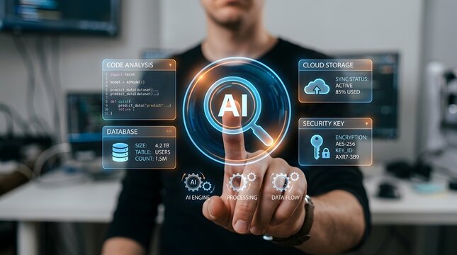 Artificial intelligence interface being touched on transparent screen in modern office, AI technology, machine learning and digital data network concept