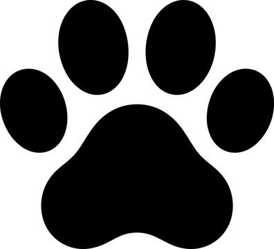 Black animal paw print silhouette icon with four toe pads and rounded central pad, isolated on white background. Simple pet vector illustration.