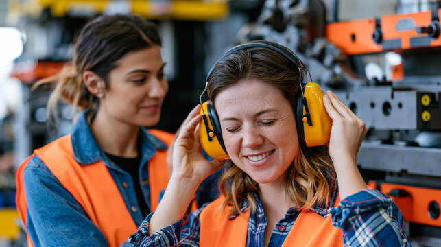 Factory floor hearing protection technician demonstrates proper ear defender fitting to new assembly worker beside deafening stamping press machinery, industrial noise hazard safety training program