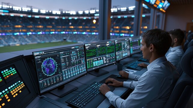 Control room operators monitoring digital dashboards overlooking stadium in evening