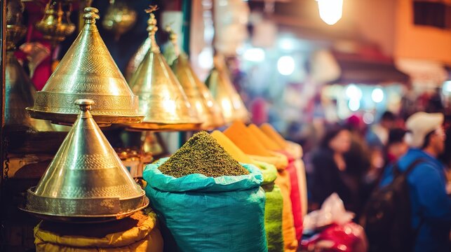 Crowded market stall with gleaming brass utensils and colorful spice sacks, warm ambient light, shallow depth, vibrant trade atmosphere