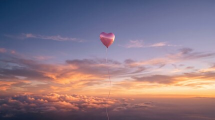 Fototapeta premium Heart shaped balloon floating above clouds at sunset. single pink helium balloon drifting skyward over layered cloudscape, warm pastel light and tranquil dusk atmosphere.