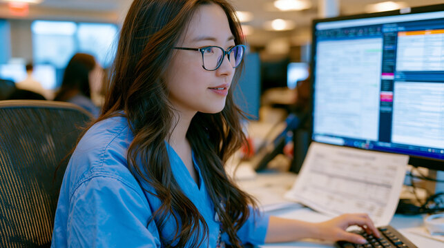Pharmacovigilance analyst at workstation flagging adverse event signal detection alerts on regulatory compliance software, printed case report forms beside monitor, pharmaceutical safety team enviro