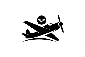 Propeller airplane flying over horizon line icon with airplane propeller aircraft aviation silhouette © RINA