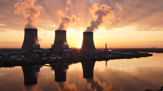 Aerial view of nuclear power plant and cooling towers during sunset, 4K loop animation