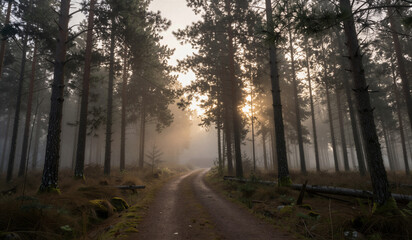 Fototapeta premium Misty forest path winds between tall pines. Soft dawn light filters through foggy haze. Sunbeams pierce mist, casting golden glow. Ancient trees stand silent, rooted in moss