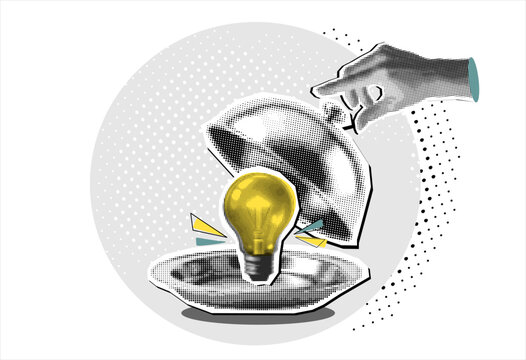 Trendy Halftone Collage, silver platter with Light bulb. Concept of idea presentation. Can used for logo, emblem, slide show and banner.